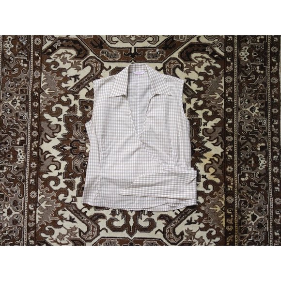 Lorenzini Tan White Gingham Check Cotton Sleeveless Collared Wrap Top I US S - Picture 3 of 4